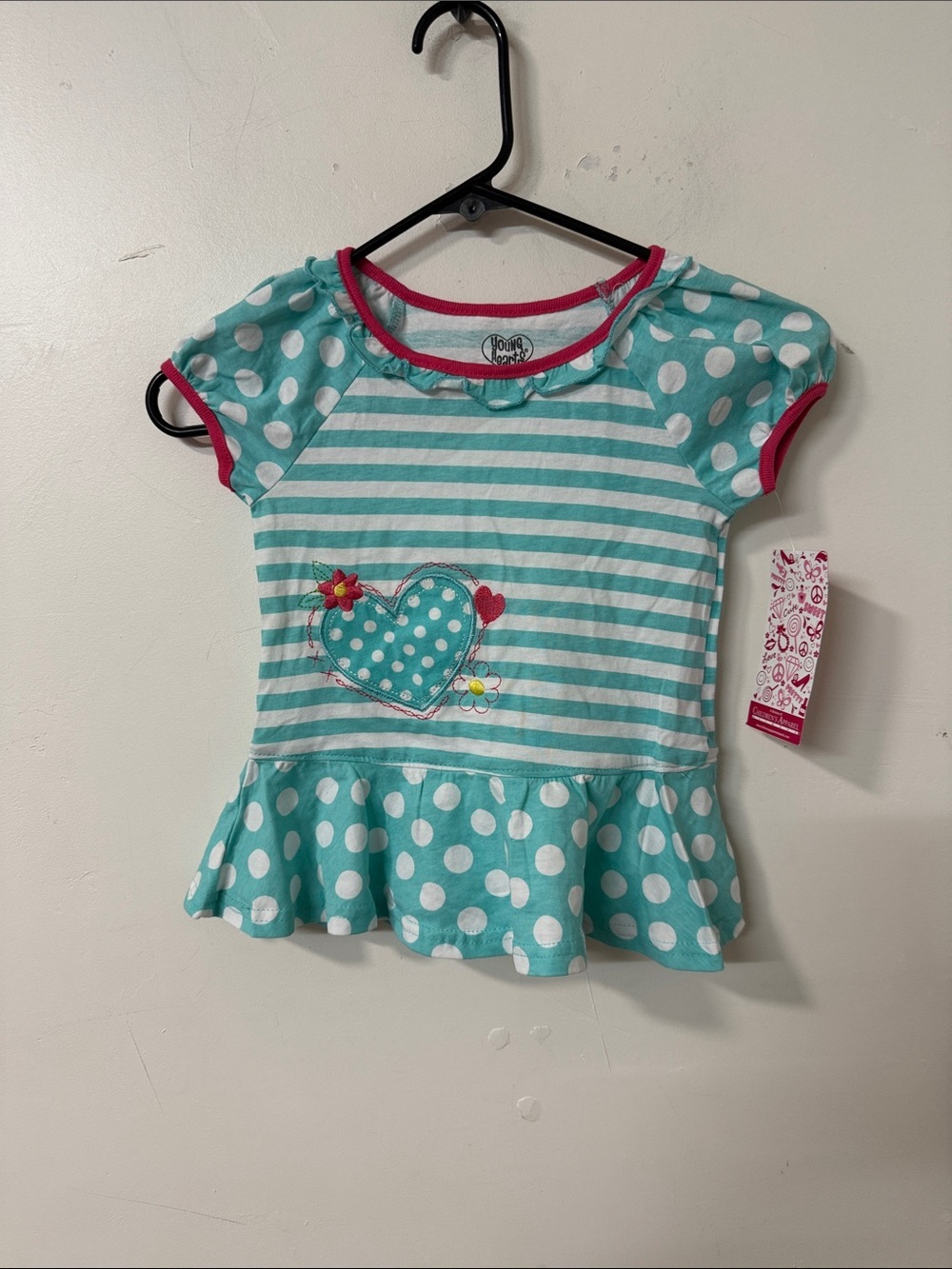 Girls Aqua Striped Heart Peplum Tee with Pink Trim